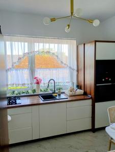 a kitchen with a sink and a window at Apartament Wiejski Raj in Kozy