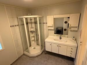 a bathroom with a shower and a sink at Charming sea view in Bergen +30 photos