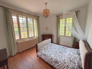 a bedroom with a bed and two windows at Chambre spacieuse in Pineuilh