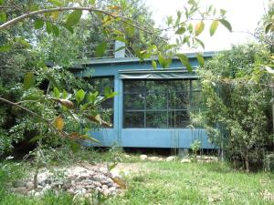 a blue house in the middle of a garden at La Maison Nature Relax, Explore, Unwind in Asguine