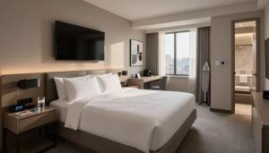a bedroom with a large white bed and a large window at the glory stay in Amritsar