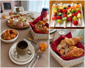 a table with plates of pastries and fruit and a cup of coffee at Le Cap Saint Jacques Chambre d hôtes proche de bayeux à 15 mn idéal plages du débarquement in Putot-en-Bessin +4 photos