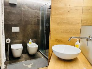 a bathroom with a sink and a toilet and a shower at GuestHost - Mulino del Bianco - Comfy Studio-Flat in La Thuile