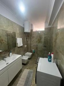 a bathroom with a sink and a toilet at Twobedrooms house in Polisi i Vogël