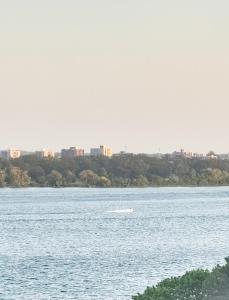 a body of water with a city in the background at The River Condos in Detroit