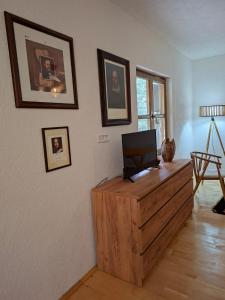 a living room with a television on a wooden dresser at Vig in Njegovuđa