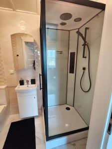 a bathroom with a shower and a sink at Zeigių apartamentai in Normantai