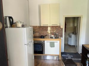 a kitchen with a white refrigerator and a sink at Bookworm Ultracentral Cozy, ultracentral apartment for people who appreciate comfort, details and books in Târgu-Mureş