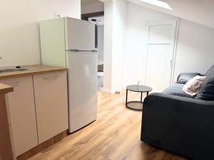 a kitchen with a refrigerator and a couch in a room at Păușa Residence in Păuşa