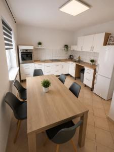 a kitchen with a wooden table and chairs at Wohnliches Apartment in Koblenz-Bubenheim in Koblenz