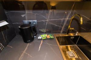 a kitchen counter with a sink and a trash can at MYFREEDOM Premium Apartments near Khreshchatyk in Kyiv
