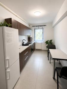 a kitchen with a white refrigerator and a table at Dobroesti Relax Apart in Dobroeşti