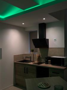 a kitchen with a green light above a sink at Hédoné LoveRooms in La Chapelle