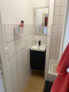 a bathroom with a sink and a mirror at Pension Zur Taube in Bautzen
