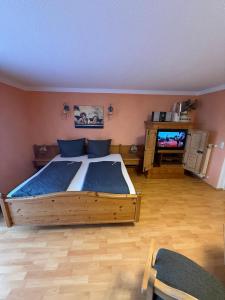 a bedroom with a large bed and a television at Haus Hönigsgrub in Rinchnach