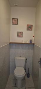 a bathroom with a toilet with two pictures on the wall at Gîte la Blanchère in Saint-Herblon