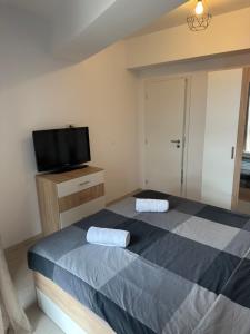 a bedroom with a bed and a flat screen tv at Suba's Apartment Free Parking Self Check-in in Timişoara