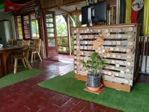 a room with a wall of fire wood at Cross Roads BackPackers Entebbe in Entebbe