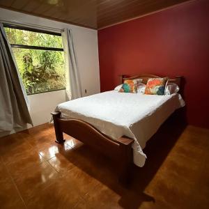 a bedroom with a bed in a red room with a window at Villa Gonz in Río Cuarto