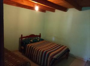 a bedroom with a bed with a striped blanket at Alojamiento Lidia in Iruya