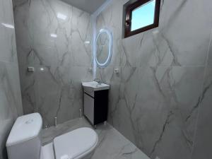 a bathroom with a toilet and a sink and a mirror at Old Town Hostel Gyumri in Gyumri +19 photos