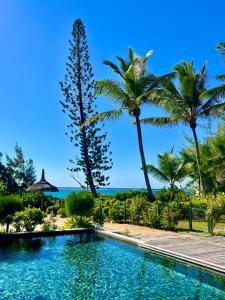 a swimming pool with palm trees and the ocean at Exclusive beachfront apartment in Belle Mare