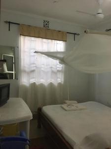 a bedroom with a bed and a window with a curtain at Amazon half london in Boma la Ngombe