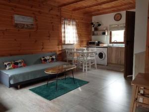 a living room with a couch and a table and a kitchen at Domki Relaksowa in Nowęcin