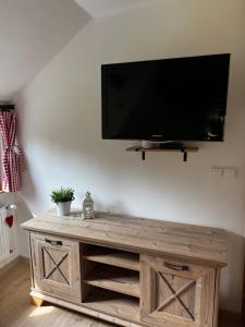 a flat screen tv on top of a wooden entertainment center at U Cejhonů in Měděnec