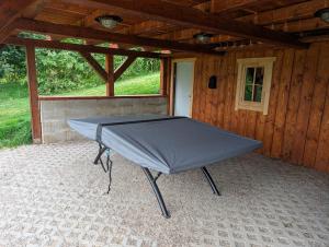 a ping pong table sitting inside of a cabin at Chalet Kočí in Kořenov