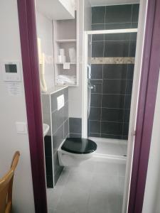 a bathroom with a toilet with a black toilet seat at Hôtel Montsouris Orléans in Paris +11 photos