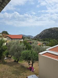 a person sitting on a chair in a yard with trees at Ignjic Apartmani in Buljarica