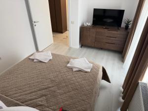 a bedroom with a bed and a television on a dresser at Elegant & cozy NeSt in Chiajna