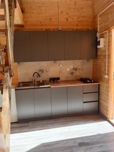 a kitchen with gray cabinets and a sink at Lake Tsover in Dsegh