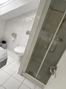 a shower with a glass door in a bathroom at Hotel Restaurant Warndtperle in Völklingen