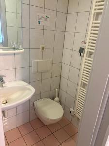 a small bathroom with a toilet and a sink at Hotel Restaurant Warndtperle in Völklingen +11 photos
