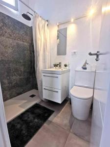 a bathroom with a toilet and a sink and a shower at Ocean front La Maresia Holiday 2 Apartments in Taganana