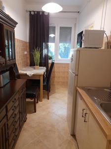 a kitchen with a table and a refrigerator at Zöld Sziget Apartmanlakás in Eger +11 photos