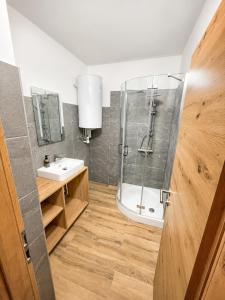 a bathroom with a shower and a sink at Alpinchalet Eisenerz in Eisenerz