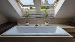 a large white bath tub in a bathroom with two plants at sPokój na Marsa in Straszyn