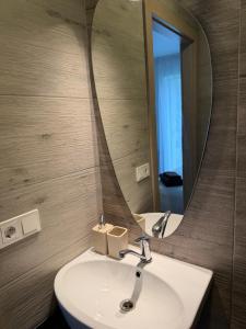 a bathroom with a sink and a mirror at Izabelės apartamentai in Palanga +151 photos