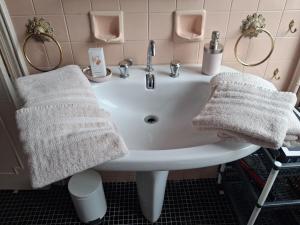 a bathroom with a sink with two towels on it at Le Picasso in La Chaise-Dieu