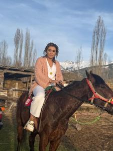 a woman sitting on top of a horse at Altyn-Bulak in Kemin
