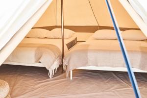 ein Schlafzimmer mit zwei Betten in einem Zelt in der Unterkunft DE BUITENKANS urban camping - unique cabins in Rotterdam