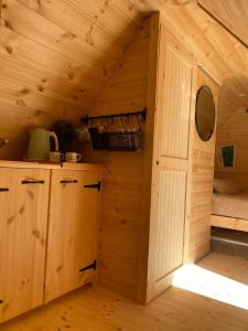 a wooden cabin with a kitchen and a bed at Cabane Forest in Villaines-la-Gonais