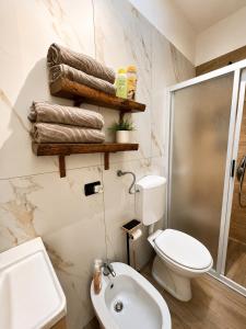 a bathroom with a toilet and a sink and a shower at LOFT EMILIA - la tappa perfetta tra Bologna e Ravenna - SELF CHECK-IN in Castel Bolognese