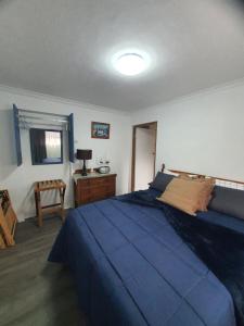 a bedroom with a large blue bed and a desk at KUSVAALBOS SELFSORG WOONSTEL in De Kelders