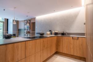 a kitchen with wooden cabinets and stainless steel appliances at Isard Penthouse & Spa in El Tarter +25 photos