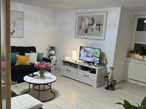 a living room with a couch and a tv at Wellness -Residenz Ehrhardt Urlaub mit Pool und Garten Ferienwohnung im Herzen von Halberstadt in Halberstadt