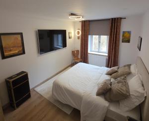 a bedroom with a bed and a flat screen tv at Jardin De Pairis in Orbey